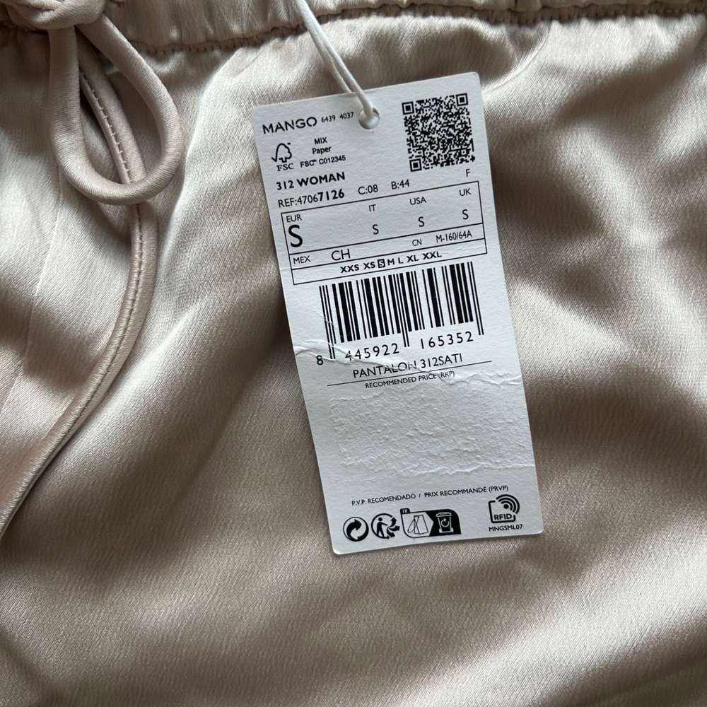 NWT Mango Satin Trousers Women S Beige Wide Leg Drawstring Pants Resortwear Airy - Picture 7 of 9